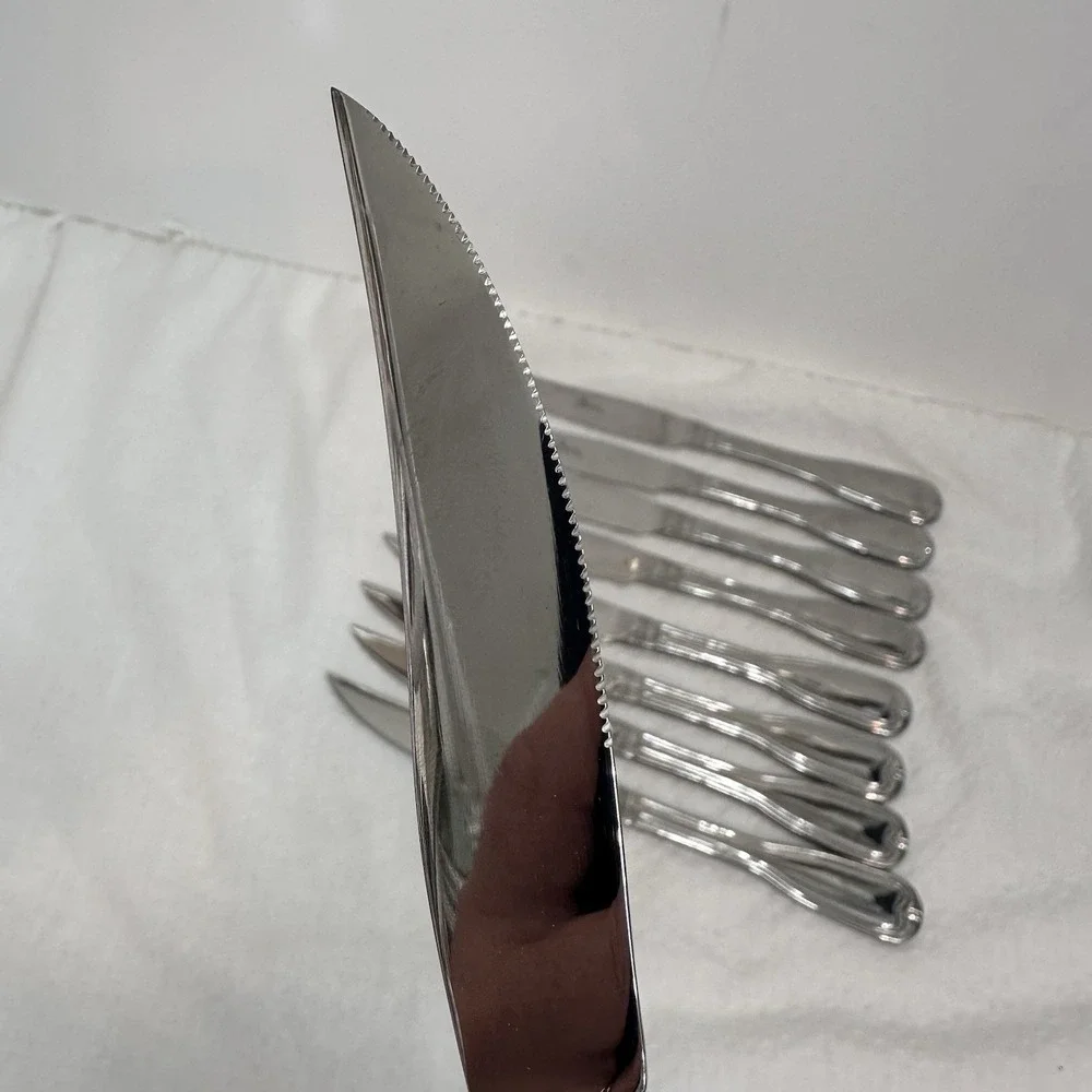 Set Of 9 Gibson Gia19 Fiddle Serrated Stainless‎ Steak Knives 8.5